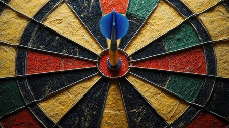 Close-up of a dartboard with a blue dart in the center, symbolizing sharp focus on a target.の素材