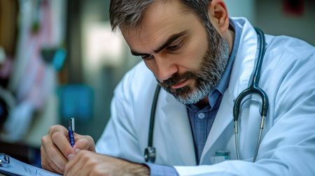 Close-up of a doctor's hands holding a pen and writing on a clipboard, showing focused professionalism.の素材