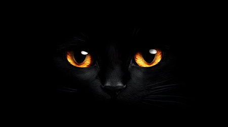 Dark backdrop with a cat's luminous, wide eyes peeking out, showing alertness and intrigue.の素材