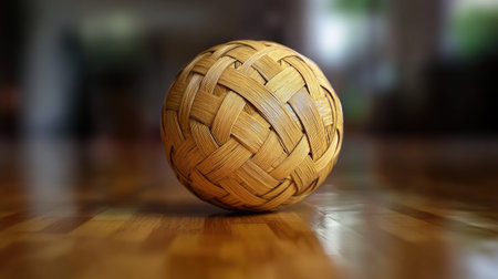 Close-up of a Sepak Takraw ball on a gym floor, highlighting its woven texture against a shiny wooden surface.の素材