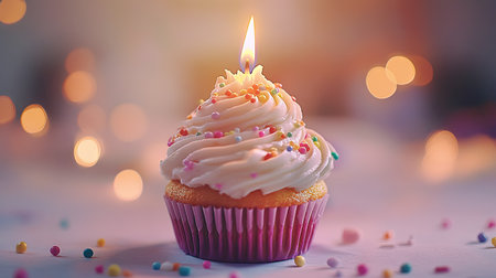 Close-up of a cupcake with swirled icing, colorful sprinkles, and a burning candle, isolated on a soft background.の素材