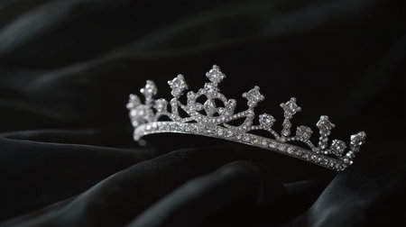 Close-up of a classic silver tiara with delicate diamond detailing, shining beautifully on a black backdrop.の素材