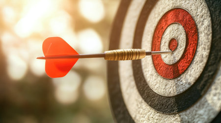 Close-up of a dart stuck in the bullseye with a blurry background, symbolizing focus.の素材