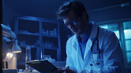 Doctor taking notes on a clipboard, with a lab coat and focused lighting in a clinical setting.の素材