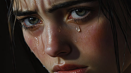 Close-up of a woman's face with tear-streaked cheeks, sadness reflected in her eyes, a single tear falling.の素材