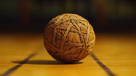 Close-up of a Sepak Takraw ball on a yellow-tinted court floor, showing intricate details.の素材