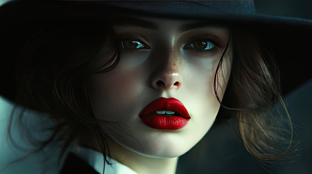Close-up of a young woman with red lips and a wide-brimmed black hat, captured in moody lighting.の素材