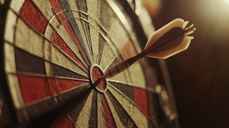 Dart hitting the bullseye with soft lighting and blurred background for dramatic effect.の素材