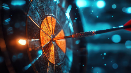Dart hitting the bullseye with soft lighting and blurred background for dramatic effect.の素材