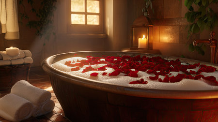 A cozy bathtub filled with foam and red rose petals, set in a warm bathroom with candlelight and fluffy towels nearbyの素材