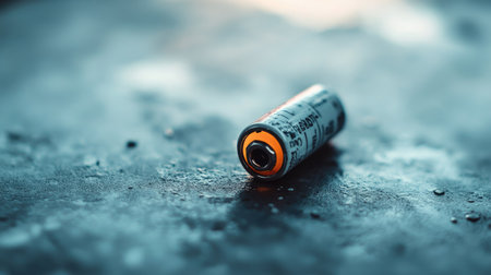 A single AA battery on a white background with detailed focus on metallic texture.の素材
