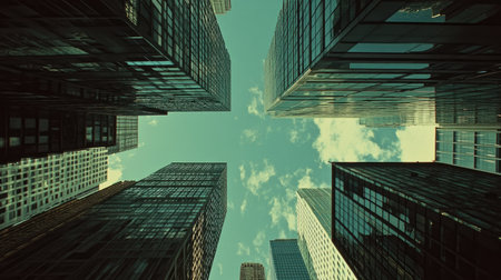 Bottom view of skyscrapers with glass facades, reaching towards a bright sky, showcasing architectural eleganceの素材