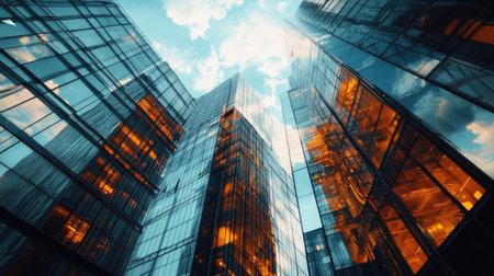 Bottom view of tall glass towers against a blue sky, with clouds reflected on their facades, highlighting cityscapeの素材