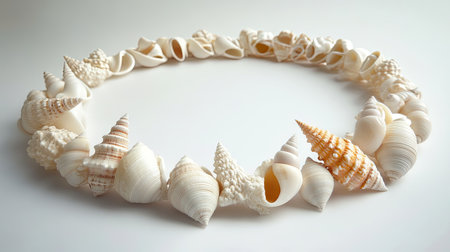 A handmade shell necklace with various shell types, arranged on a neutral background, emphasizing its natural beautyの素材