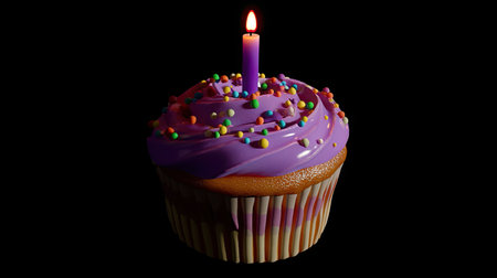 Bright cupcake with purple frosting, rainbow sprinkles, and a single candle, isolated on a clean background.の素材