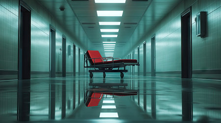 A hospital bed with side rails raised, sitting alone in a long, empty hallway with reflective floors.の素材