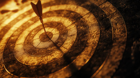 A dartboard with a single dart on the bullseye, symbolizing focus and achieving goals.の素材