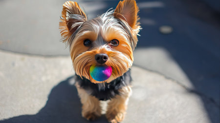 A small dog with a bright-colored muzzle, standing on a sunny sidewalk, looking calm.の素材