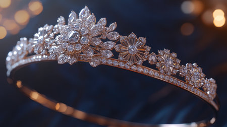 A silver tiara with sparkling diamond accents, carefully crafted and isolated on a dark, soft background.の素材