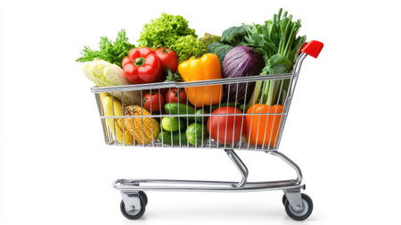 A grocery cart filled with assorted fresh vegetables, fruits, and daily essentials, isolated on white.の素材