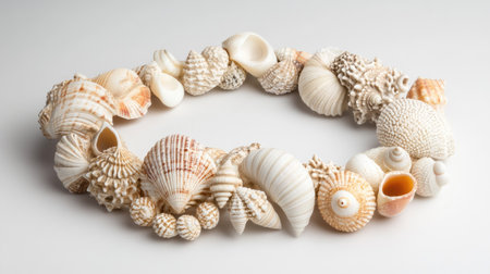 A handmade shell necklace with various shell types, arranged on a neutral background, emphasizing its natural beautyの素材