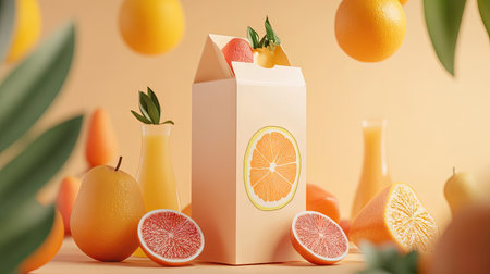 A juice carton with a close-up on fruit illustrations, isolated on a simple background for a fresh and natural lookの素材
