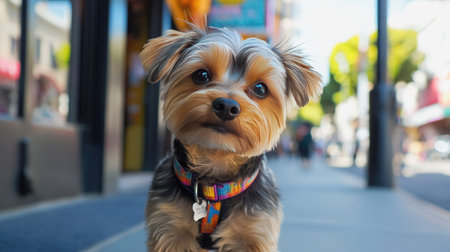 A small dog with a bright-colored muzzle, standing on a sunny sidewalk, looking calm.の素材