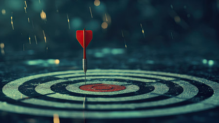 A dartboard with a single dart on the bullseye, symbolizing focus and achieving goals.の素材