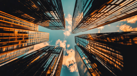 Bottom view of multiple high-rise buildings with reflective glass facades, reaching into the sky in a powerful displayの素材