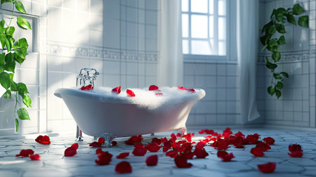 A luxurious bathtub filled with fluffy foam and scattered red rose petals, set in a serene bathroom with soft lightingの素材