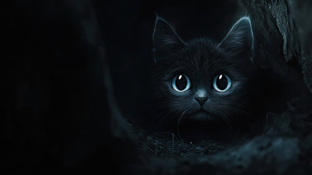 Big-eyed cat in the dark, only its eyes illuminated, giving a haunting and captivating appearance.の素材