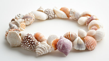 A handmade shell necklace with various shell types, arranged on a neutral background, emphasizing its natural beautyの素材