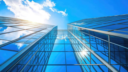 Bottom view of futuristic glass skyscrapers under a sunny sky, capturing light and reflections on the building surfacesの素材