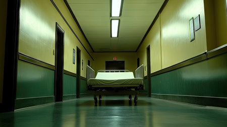 A silent hospital bed positioned against the wall in a spacious, brightly lit hallway.の素材