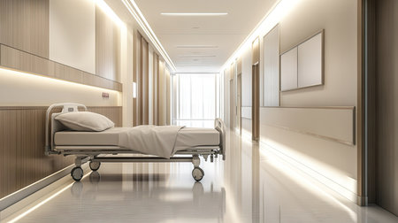 A solitary hospital bed positioned in a hallway corner, with bright lighting and reflective surfaces.の素材