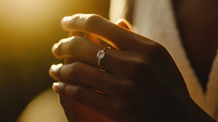 Bride's hands close-up, with a diamond ring shining on her finger, symbolizing love and commitment.の素材