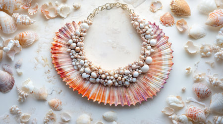 A unique shell necklace with small, colorful shells, placed on a light background to emphasize its intricate detailsの素材