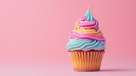 Brightly colored cupcake with swirled frosting and a candle, celebrating with a cheerful, minimal background.の素材