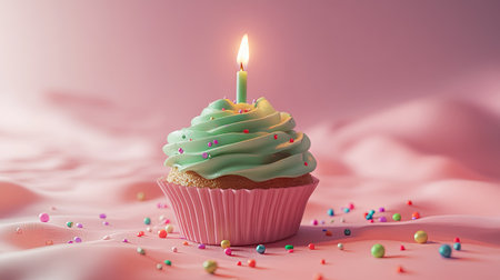 Festive cupcake with green frosting, lit candle, and colorful candy sprinkles, isolated on a soft background.の素材