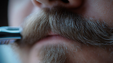 Focused close-up of an electric shaver trimming the edges of a mustache, showcasing a clean, sharp line.の素材