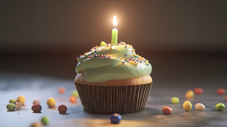 Festive cupcake with green frosting, lit candle, and colorful candy sprinkles, isolated on a soft background.の素材