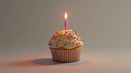 Festive cupcake with rainbow-colored sprinkles and a lit candle, perfect for birthdays, against a neutral background.の素材