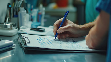Focused shot of doctor's hand writing with a blue pen on a clipboard, with professional surroundings.の素材