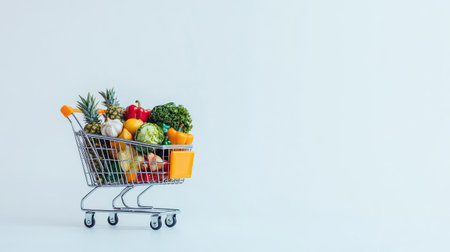 Fully stocked shopping cart with an assortment of groceries, isolated on white for a clean, vibrant look.の素材