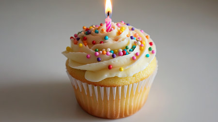 Festive cupcake with rainbow-colored sprinkles and a lit candle, perfect for birthdays, against a neutral background.の素材
