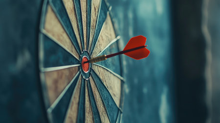 Focused shot of a dartboard with a red dart hitting the center, with soft background blur.の素材