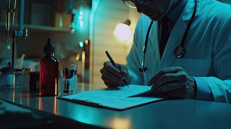 Focused shot of a doctor making notes on a clipboard with a calm and clinical backdrop, highlighting accuracy.の素材