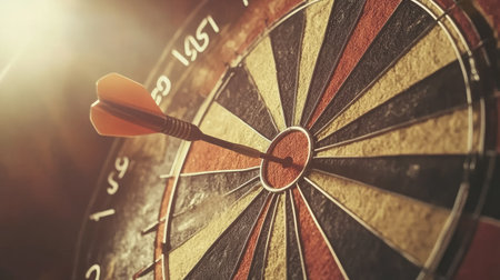 High-angle shot of a dartboard with a dart right in the bullseye, capturing a moment of success.の素材