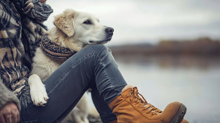 Friendly-looking dog wearing a soft muzzle, sitting beside a person in a relaxed pose.の素材