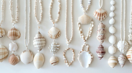 Layered shell necklaces with cowrie and other shells, displayed against a white background for a coastal aestheticの素材